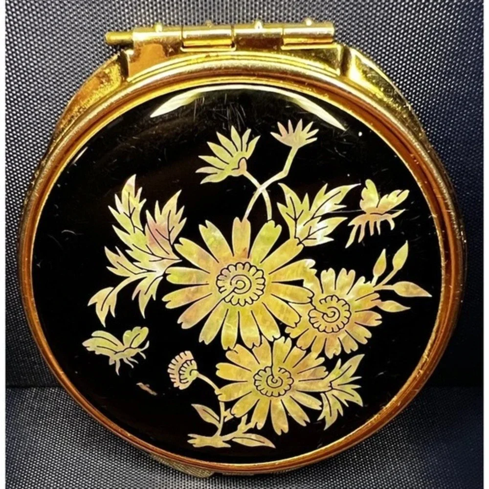 Mother‎ of Pearl Floral Double Compact Pocket Hand Mirror 24k G.P